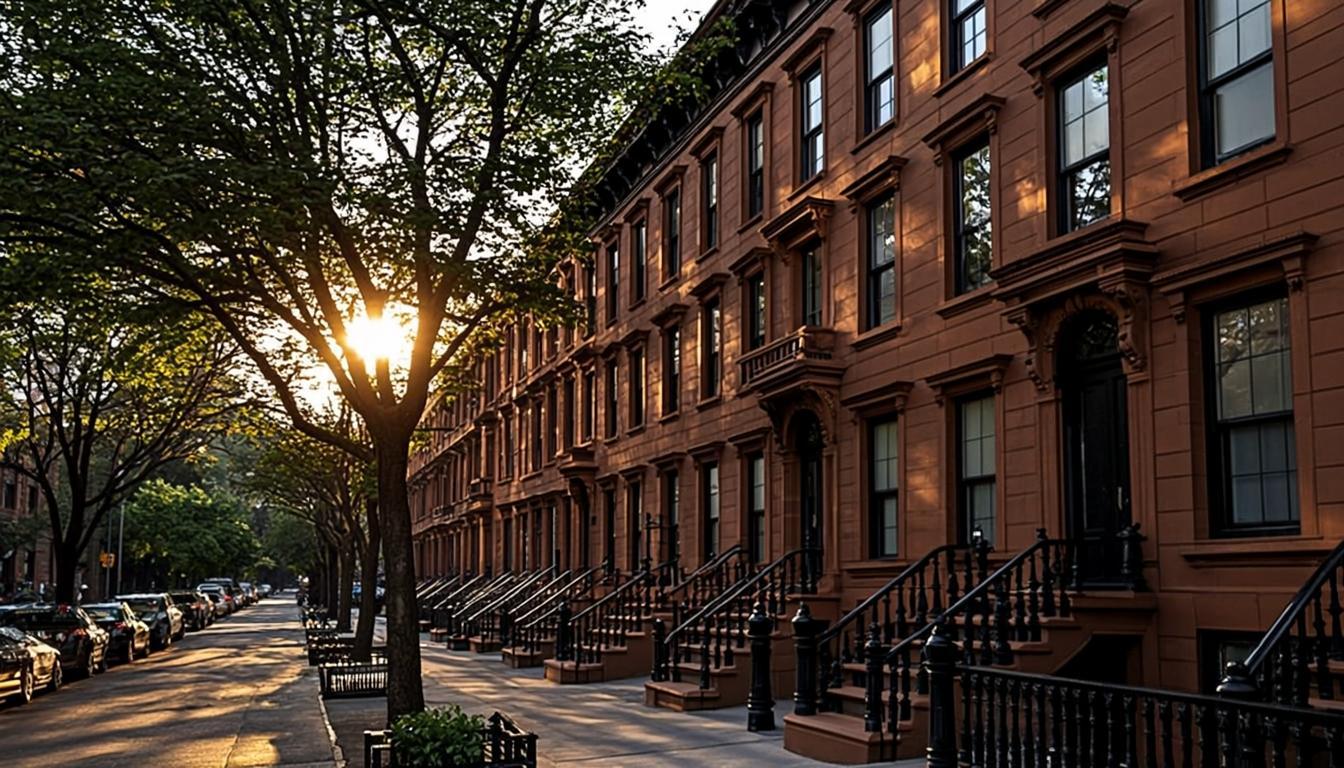 Brooklyn brownstone neighborhood at golden hour